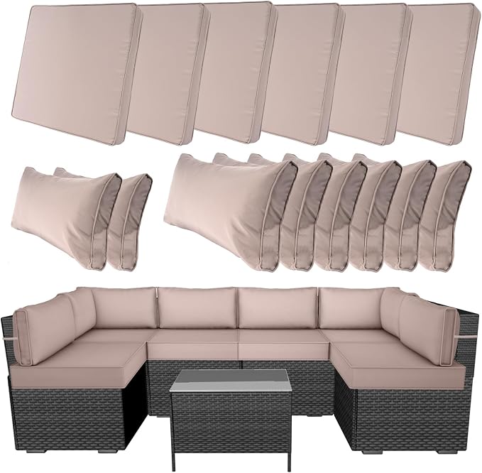 14 Piece Outdoor Furniture Replacement Cushions, Cover+Filling, 25.6" x 25.6" x 4" Foam Waterproof Outdoor Sofa Cushion Sets, Fit Wicker Rattan Sectional Conversation Set,Khaki