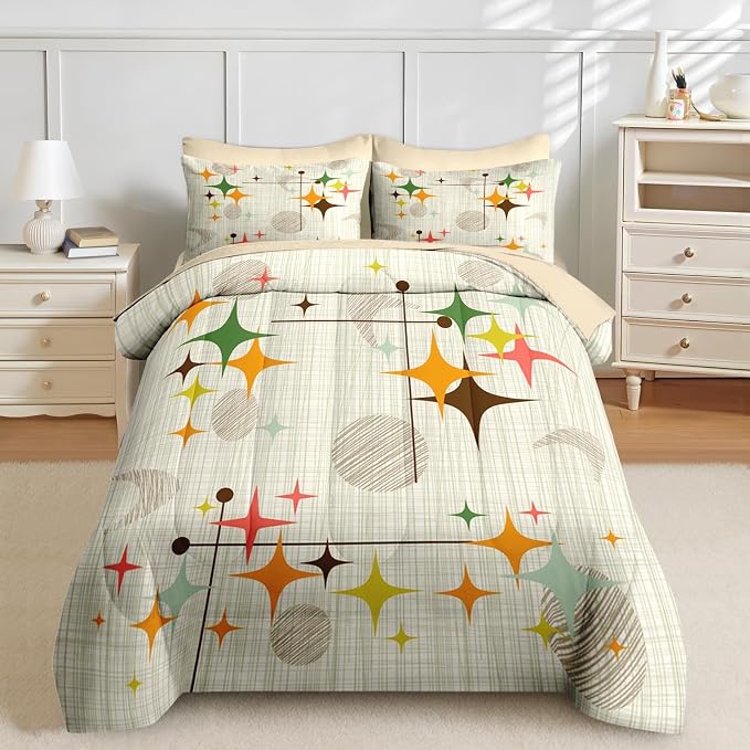 Nesker Comforter Set King Size, Retro Stars Brown 7 Pcs Bedding for Kids and Adults, Mid Century Vintage Bed Sheet Sets with Fitted Sheet 2 Pillowcases & 2 Shams