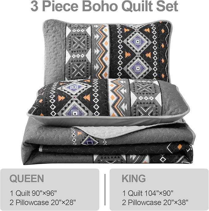 WONGS BEDDING Boho Quilt Set Queen,Black Grey Bedspread Coverlet Set with 2 Pillowcase,Lightweight Geometry Printed Bohemian Bedding Set 96''×90''