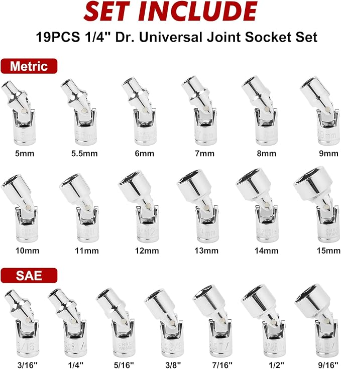 CASOMAN 19PCS 1/4" Drive Universal Joint Socket Set, Metric(5mm to 15mm) & SAE(3/16" to 9/16"), Flexible Wobble Sockets for Easier Access to Tight Spaces, 6-Point, Cr-V