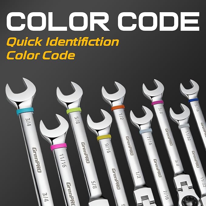 GRENPRO Ratchet Wrenches Set, 23PC Flex Head Ratcheting Wrench Set Metric and Standard & SAE, 6-18mm & 1/4" to 3/4" with Color Ring, CRV Open End Tool Organizer Pouch, Combination Ratchet Wrench Sets