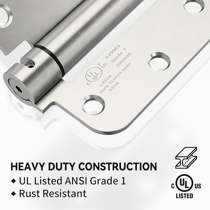 2 Pack Self Closing Door Hinges, 3.5 Inch Spring Loaded Door Hinges for Garage, Front, Back Door, Left/Right Hand, Adjustable Tension, 5/8'' Radius Corners, UL Listed, Brushed Nickel