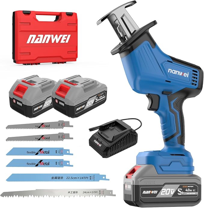 NANWEI Cordless Reciprocating Saw, 20V Brushless Motor 3500RPM Variable Speed, 2×4.0Ah Batteries, Tool-Free Blade Change, LED Light, 6 Blades, Portable for Wood/Metal/PVC Cutting (4.0Ah Batteries)