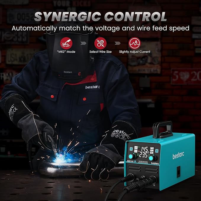 bestarc 145A MIG Welder, 110V/220V Gasless Flux Core MIG Welder/Lift TIG/Stick 3 in 1 Synergic MIG145 5GEN Welding Machine, Portable Flux Welder with Digital Screen Display
