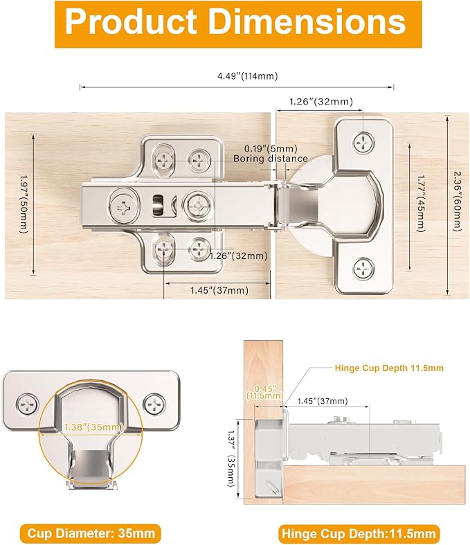 10pcs Full Overlay Cabinet Hinge Frameless Concealed Door Hinges European Soft Closing Four-Hole Mounting Plate Hinges Nickel Plated Finish