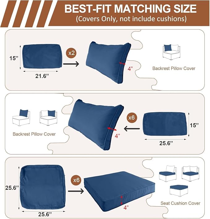 14 Piece Outdoor Furniture Replacement Cushions, Cover+Filling, 25.6" x 25.6" x 4" Foam Waterproof Outdoor Sofa Cushion Sets, Fit Wicker Rattan Sectional Conversation Set,Sky Blue