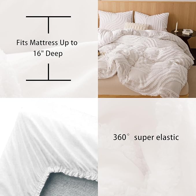 Nttopship Ivory Full Comforter Set - 7 Pieces Bed in a Bag, Premium Comforters Full Size Bed Set Tufted Shabby Chic Bedding Comforter Set with Flat Sheet, Fitted Sheet and Pillowcases,White