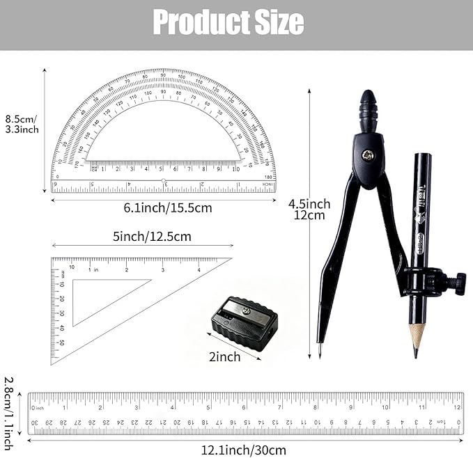 5 Pcs Plastic 12 Inch Ruler Set,Compasses,6 Inch Protractor,Set Square Student Geometry Math Set Durable Transparent Drawing Measuring Rulers for School Office (4)