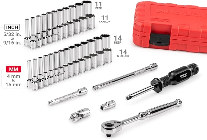 TEKTON 1/4 Inch Drive 12-Point Socket and Ratchet Set, 56-Piece | SKT05304 | (5/32 - 9/16 in., 4 - 15 mm), Shallow and Deep, Case