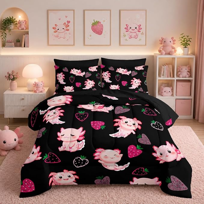 Cute Axolotl Comforter Set,Bed in a Bag Full Size 7 Pieces,Marine Life Themed Bed Set for Kids Girls Toddler,7Pcs Bedding Set with Comforter,Fitted Sheet,Flat Sheet,Pillowcases.