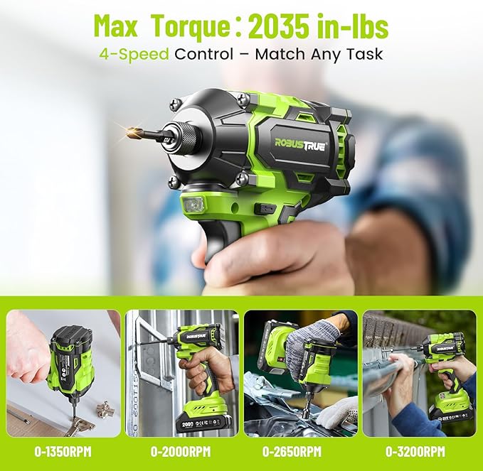 Robustrue 21V Cordless Drill & Impact Driver Combo Kit, 3/8" Drill & 1/4" Impact Driver, 2×2000mAh Batteries, Fast Charger, 16-Piece Bit Set for DIY Projects, Furniture Assembly & Home Repairs