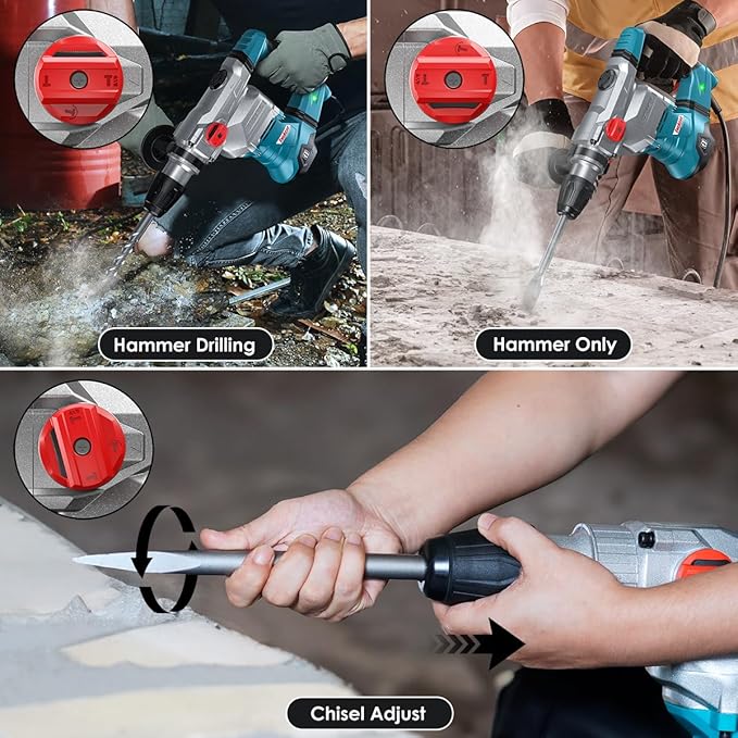 ENEACRO SDS-Max Heavy-Duty Rotary Hammer Drill, 9 Ft.lbs, 3 Functions | Safety Clutch & Vibration Control, 1-9/16" Drilling Capacity in Concrete, Includes Chisel, Includes Drill Bit