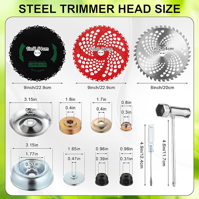 Duraaamo 7 Pcs Brush Cutter Kit Include 9" x 36T Carbide Tipped Blades, 9" x 20T, 8" x 40T, 10" x 3T, 10" x 6TBlades with Adapter Kit, 10 Inch Steel Wire Rotary Head and Trimmer Head Replacement