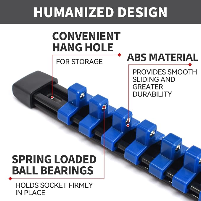 Reniteco 18-Pack Socket Organizer Set, 1/4" x 96 3/8" x 90 1/2" x 72 Clips | 258 Clip Capacity, Havy-Duty ABS Socket Rails, Removable Clips, Drive Socket Storage, Toolbox Drawer or Wall Mount