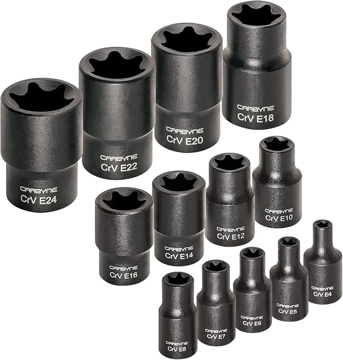 CARBYNE 13-Piece External Torx (E-Torx) Socket Set, E4 to E24, CrV Steel, Manganese Phosphate Finish, 1/4 3/8 1/2 in. Drive, Laser Etched, Socket Rail Included