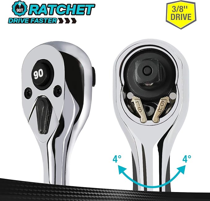 DURATECH 3/8-Inch Drive Ratchet, 90-Tooth Quick-Release Ratchet Wrench | Reversible, Cr-V Made, 4° Swing, Full Polished, Professional Socket Wrench for Men Women Stocking Stuffers for Men Women