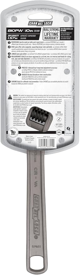 Channellock Adjustable Wrench 810PW - Reversible Jaw, Pipe Wrench Function - 10 In.