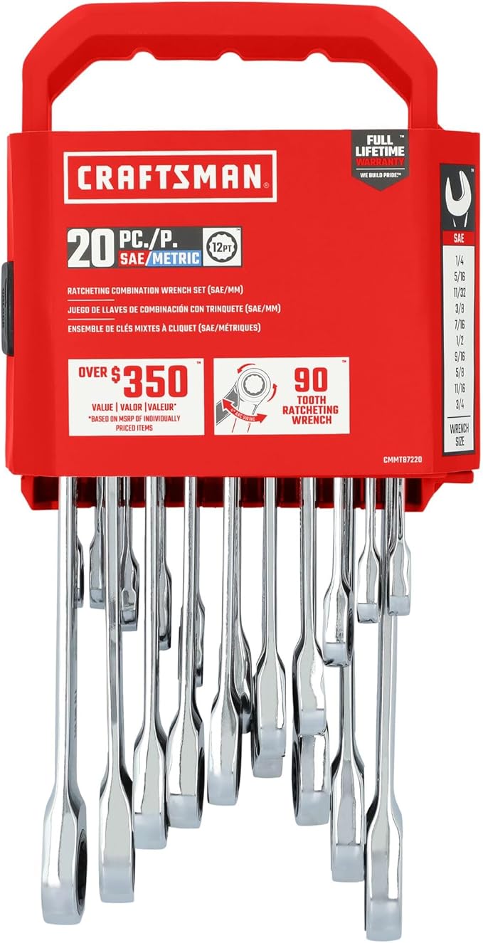 CRAFTSMAN Ratchet Wrenches Set, 20 Pc, 90 Tooth SAE/Metric Ratcheting Wrench Set with Case, 4 Degree Arc Swing (CMMT87220)