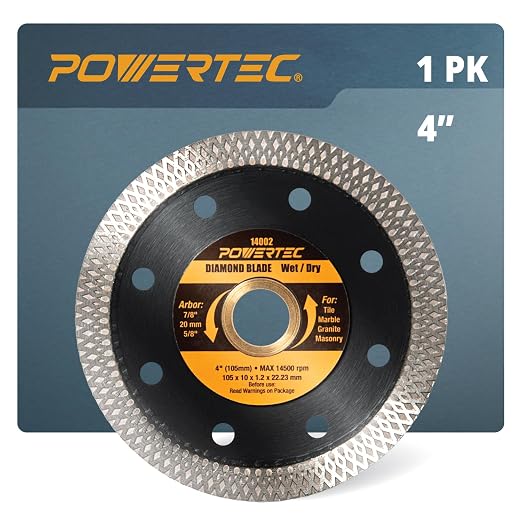POWERTEC 4 Inch Diamond Saw Blades for Handheld Tile Saw & Angle Grinder 1 Pack, Super Thin Turbo Mesh Rim Tile Blades for Cutting Porcelain, Granite Tile & Ceramic Tile, 4" Diamond Blades (14002)