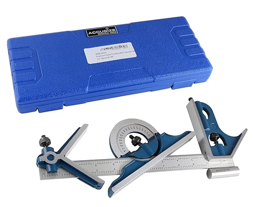 Accusize Industrial Tools 12'' 4 Combination Square Ruler Set Protractor Satin, 4-R Graduation, 0000-8101, 5 Sets | 5 Sets, 4 Pc/Set, 4R Graduation: 8ths, 16ths, 32nds, 64ths, Satin Chrome Blade, 0000-8101x5