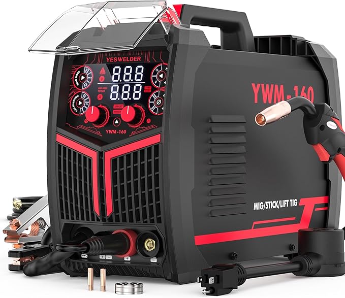 YESWELDER 160A MIG Welder, 110V/220V Dual Voltage, 4 in 1 Gas MIG/Flux Core MIG/Lift TIG/Stick Multiprocess Large LED Digital Display MIG Welding Machine