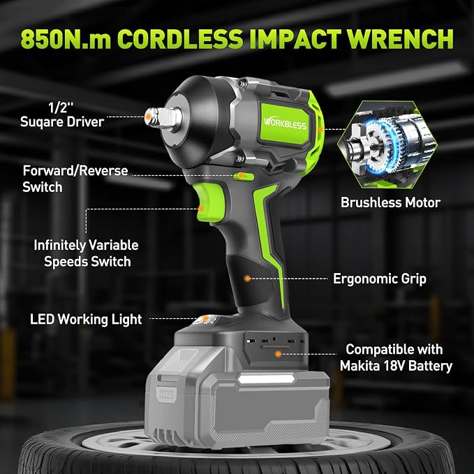 Cordless Impact Wrench 1/2" for Ma-kita 18V Battery(Tool Only) | 630Ft-lbs (850Nm) High Torque Impact Driver,Electric Brushless Impact Gun W/ 3-Speed,4 Cr-V Sockets,LED Light for Car,Truck