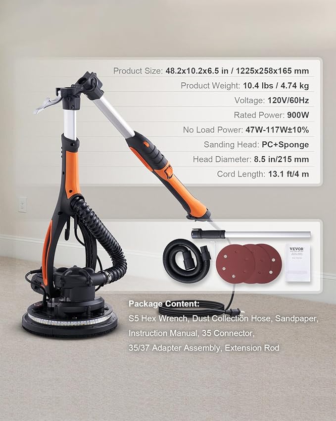 VEVOR Wall Smoother, 900W Electric Tool with 12 Sanding Discs, 800 to 1800 RPM Speed, 3 Vacuum Hoses, Collapsible for Ceiling Use, Dual LED Lights, Telescoping Handle, and Built-in Dust Collector