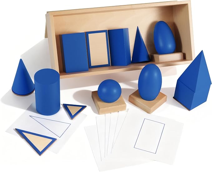 Premium Montessori Geometric Solids with Matching Cards – Solid Beechwood 3D Shapes, Plane Figures, Stands & Cards, Sensorial Geometry Materials for Spatial Awareness, Homeschool Classroom Kids 3-9