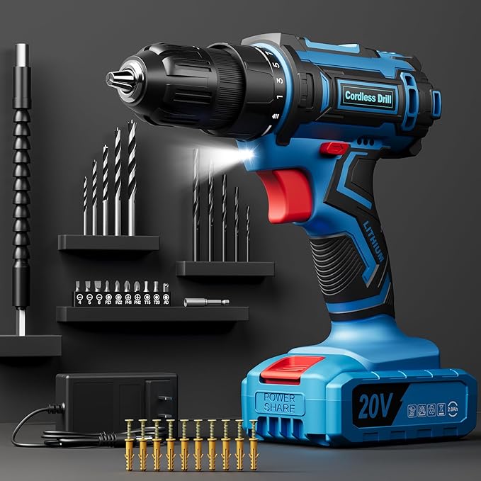 Cordless Drill Set, VIWKO 20V Power Drill with Power Pack 2.0Ah and Charger, 3/8-Inch Keyless Chuck Electricdrill, 25+1 Torque, 42pcs Drilldriver Bits/Screws for DIY Projects (Blue)
