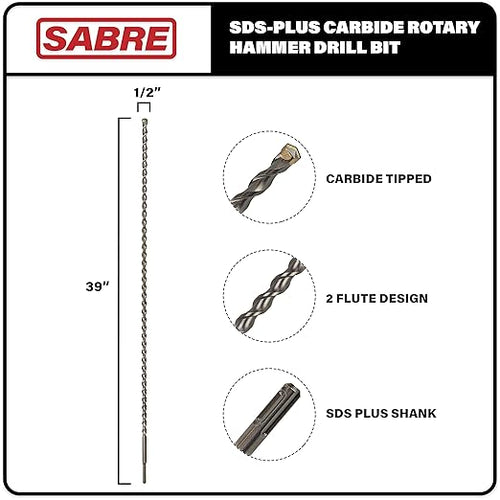 1/2 Inch x 39 Inch SDS Plus Rotary Hammer Drill Bit, Carbide Tipped Concrete Drill Bit for Masonry; Brick, Stone, Concrete (1/2" x 37" x 39")