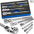 YIYEIE 6-Piece Flex Head Ratchet Set, 1/4", 3/8", 1/2" Drive, Swivel Head Ratchet Wrench with Extension Bar, 72 Tooth, 180° Adjustable, Quick-Release, Flexible Ratchet Handle with EVA Foam