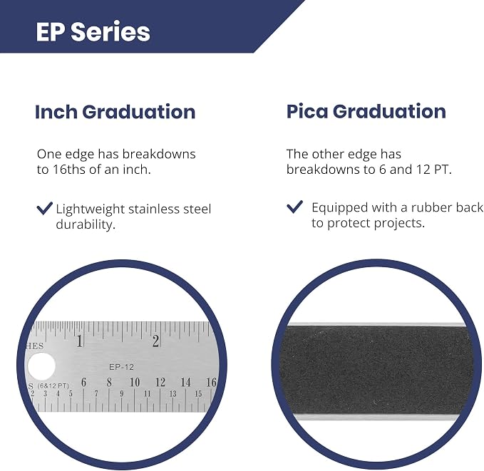 Pacific Arc Stainless Steel Ruler with Inch and Pica Measurements, 6 Inches Rubber Backed
