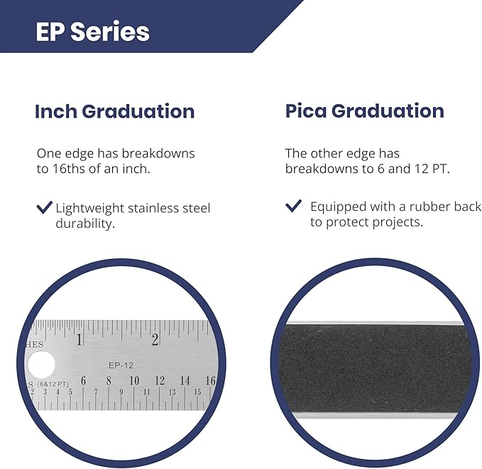 Pacific Arc Stainless Steel Ruler with Inch and Pica Measurements, 18 Inches Rubber Backed
