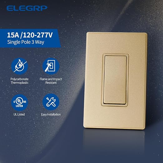 ELEGRP Matte Champagne Gold 3 Way Decorator Light Switch, 15A 120-277V, Paddle Rocker Switch Replacement, On/Off Wall Switch, Self-Grounding, Residential Grade, with Mid Wall Plate, UL/CUL, 10 Pack