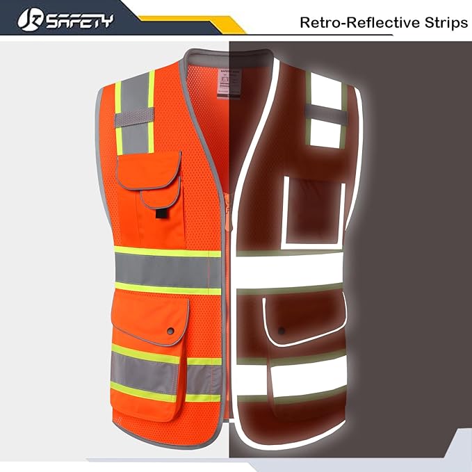 JKSafety 9 Pockets Hi-Vis Safety Vest Breathable Mesh Fabric Cushioned Collar Work Utility PPE Lightweight Industrial Work Gear ANSI/ISEA compliant (101-Orange M)
