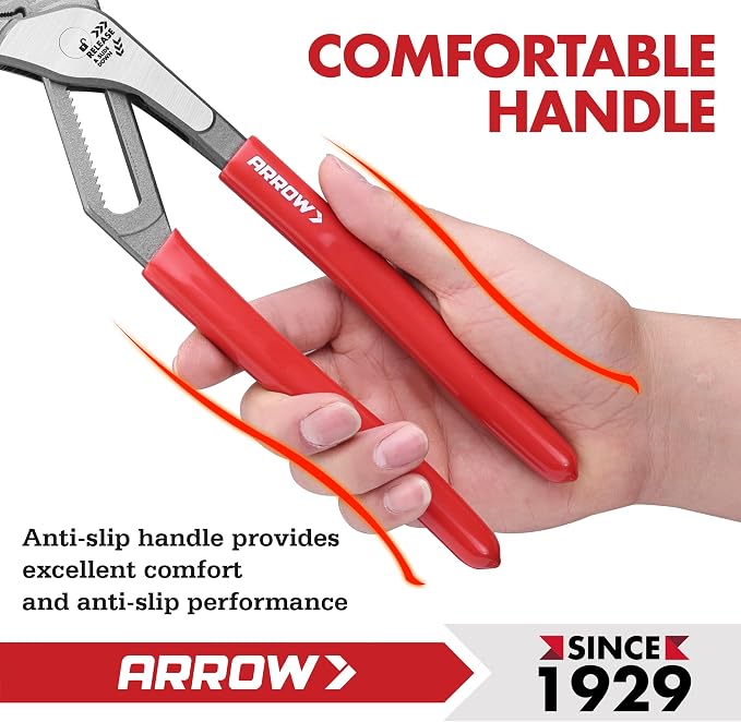 ARROW 10-Inch Water Pump Pliers, Quick Adjust Groove Joint Pliers with 18 Positions, V-Jaw Tongue and Groove Plier with Dipped handle, Heat-Treated CR-V Steel for Plumbing, Auto & Home Repair