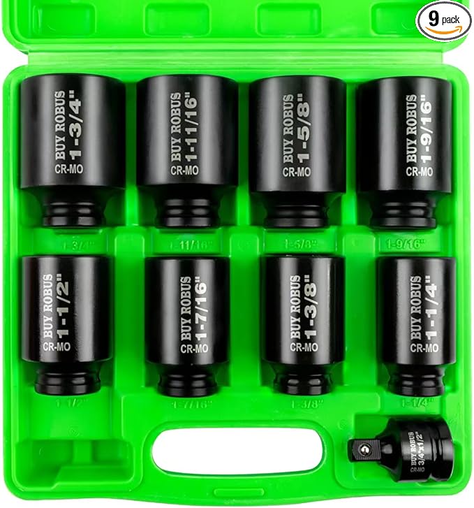 1/2" Drive Impact Socket Set, 9-Piece Standard SAE Deep Axle Nut Sockets, 6-Point, Cr-Mo,1-1/4，1-3/8，1-7/16，1-1/2，1-9/16，1-5/8，1-11/16，1-3/4, Impact Socket Adapter (3/4" x 1/2")