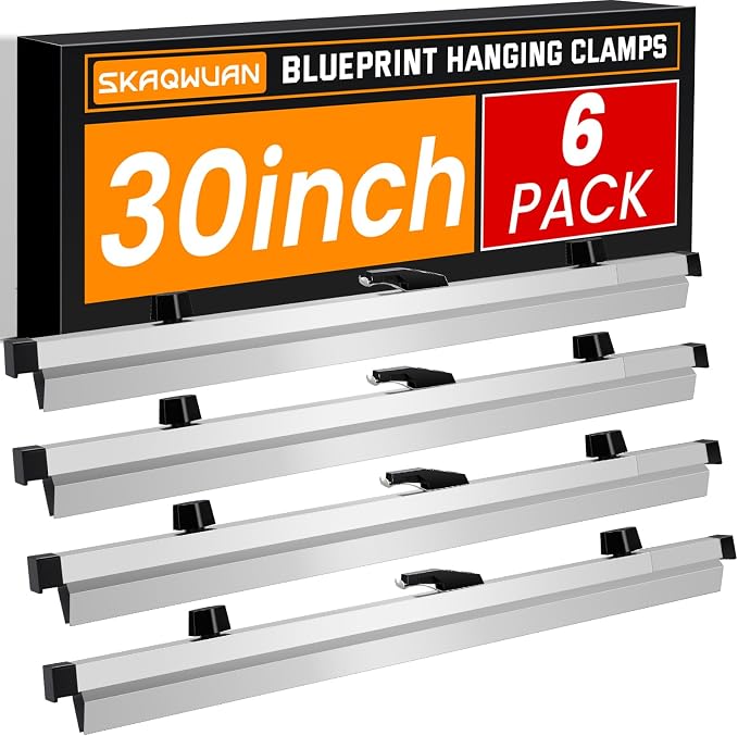 Blueprint Hanging Clamps 30 Inch, Pack of 6 Aluminum Adjustable Binding Strips with Wing Knob Nuts, Architectural Drawing Storage Organizer for Poster, Plans & Maps