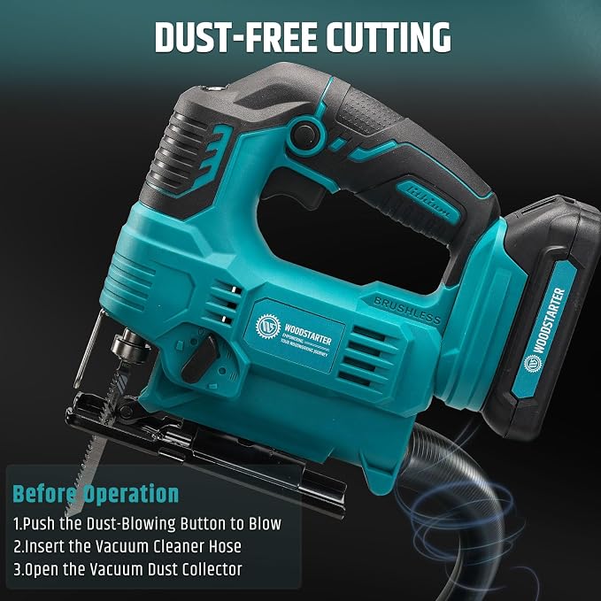 Cordless Jig Saw with Brushless Motor, 3 Adjustable Speed Settings, 45°-90° Cutting Angle, Compatible with T-Shaped Blades, Includes Dust Blowing Feature (Tool Only)