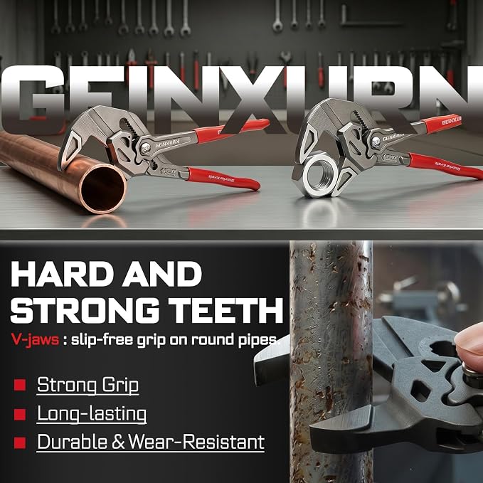 GEINXURN 7-Inch Pliers Wrench, 4PCS Smooth V-Jaw Pliers with 15-Position Push-Lock, Fast Adjustable Slip Joint Pliers Set for Plumbing, Home Repair, and Pipe Fittings