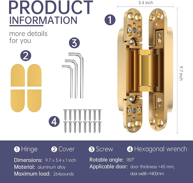 9.7" 2 pcs Hidden Hinges for Doors Invisible Hinge Concealed Hinges Zinc Alloy 180 Degree Swing Hinge 3 Way Adjustable Butt Silent Door Hinges 9.7 x 3.3 x 1inch (Gold 10 inches)