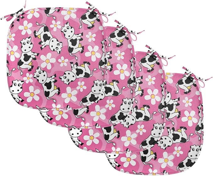 Lunarable Cow Chair Seating Cushion Set of 4, Cartoon Pattern Domestic Farm Animal and Daisy Flowers, Anti-Slip Seat Padding for Kitchen & Patio, 16"x16", Pink Charcoal Grey