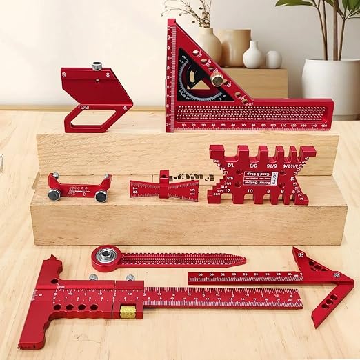 Woodworking Measuring Tools with Box, Aluminum Scribeing Ruler, Multi-Purpose Marking Ruler, Precision Layout Measuring Tool Carpentry Square Kits for Engineer Carpenter (9pcs with Box)