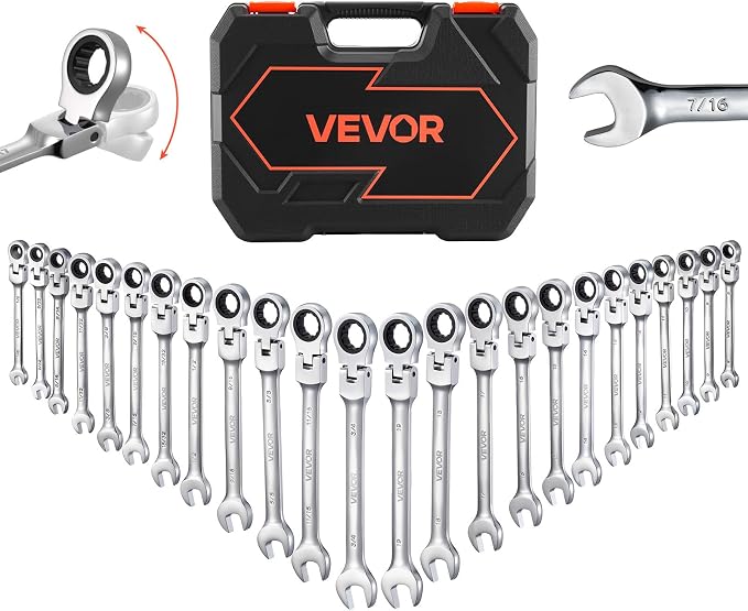VEVOR 24-piece Ratcheting Wrench Set with 180° Flex Head, Anti-Slip Tooth, Combination Wrench Sets with Organizer Box, Metric 8-19mm & SAE 1/4-3/4", Polished