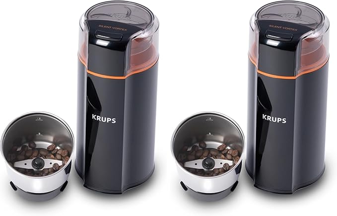 KRUPS Silent Vortex Electric Coffee Grinder: 3 oz Capacity, 5x Quieter, 175W Motor for Coffee Beans, Spices & Herbs - Removable Dishwasher-Safe Bowl, 12-Cup Yield, Black (Pack of 2)