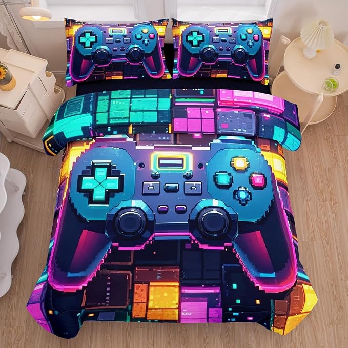 5 Pieces Geometry Gaming Comforter Set Full,Gaming Bedding Set for Boys,Full Comforter Set for Boys,Kids Comforter Full