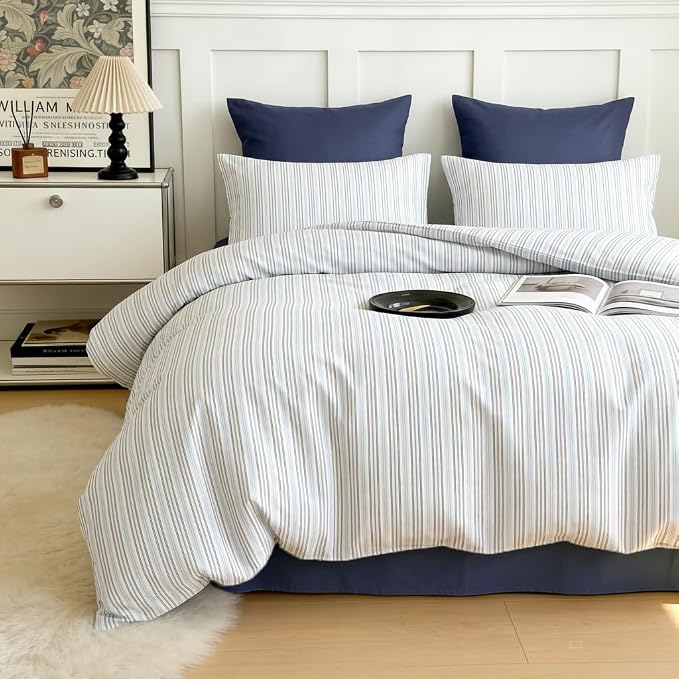 Sedefen Blue Striped Duvet Cover 3 Pcs, Grey White Stripe Bedding Set with 2 Pillowcases, Modern Minimalist Stripes Soft Breathable Microfiber Duvet Cover Set for All Season