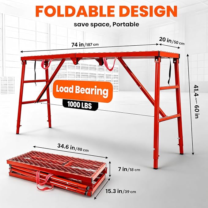 Scaffolding Work Platform 74” x 20” x 60”, 1000LBS Heavy-Duty Steel, 5-Level Height Adjustable Anti-Slip Foldable Scaffolding Platform, Portable Scaffolding Platform Ladder for RV Repair