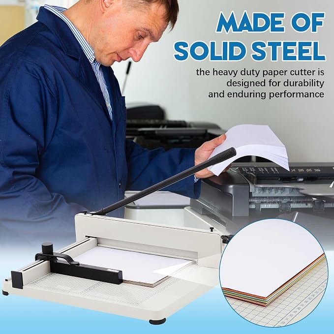 Threlaco 17 Inch A3 Heavy Duty Guillotine Paper Cutter 400 Sheet Capacity Guillotine Paper Cutter Stack Cards Trimmer Solid Steel with Metal Base for Cardstock Leather Office Home School (White)