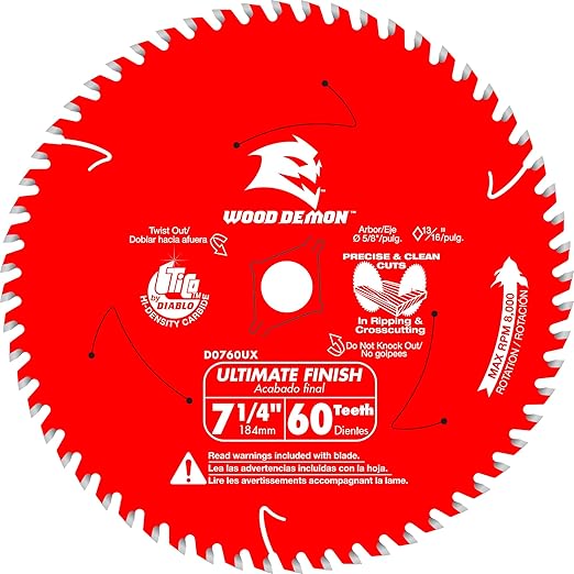 Diablo Wood Demon Ultimate Finish Carbide Circular Saw Blade - Ideal for Professional Use and DIYers - 7-1/4" Diameter, 60 Hi-ATB Teeth, 8,000 Max RPM - D0760UX